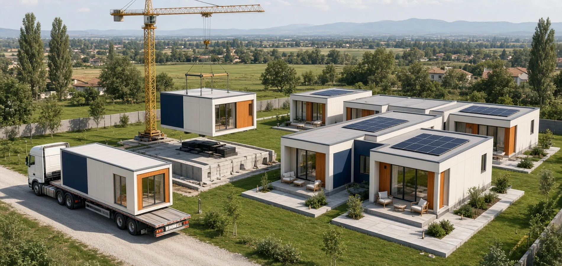 Render 3D isometrico di case prefabbricate modulari moderne — consegna e montaggio in cantiere