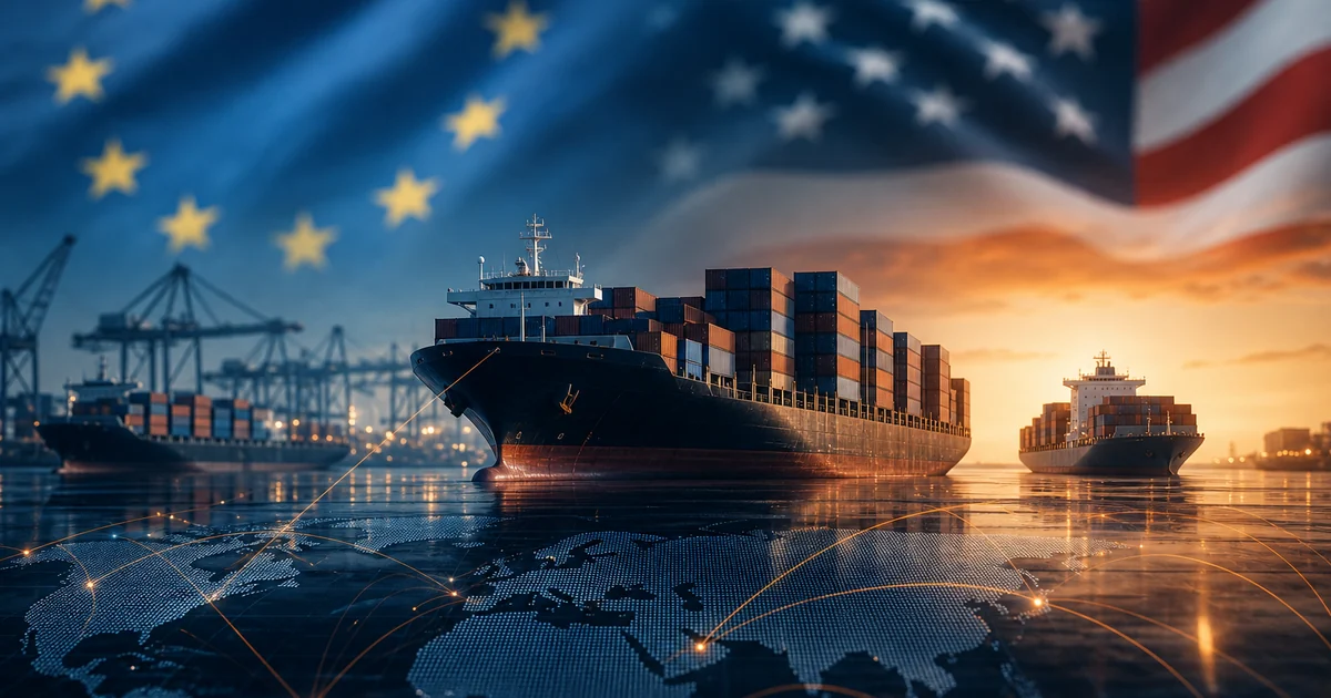 Container e commercio internazionale — illustrazione editoriale dazi USA-UE e filiera industriale