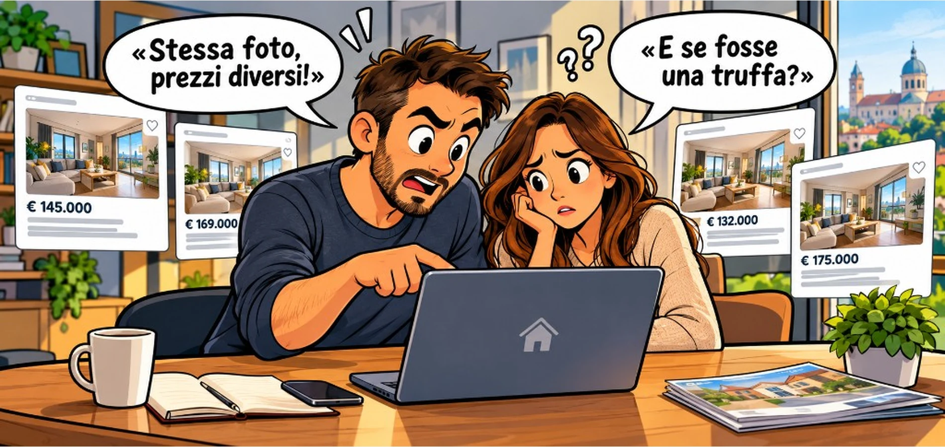 Vignetta fumetto — Marco e Sara scoprono lo stesso annuncio con prezzi diversi