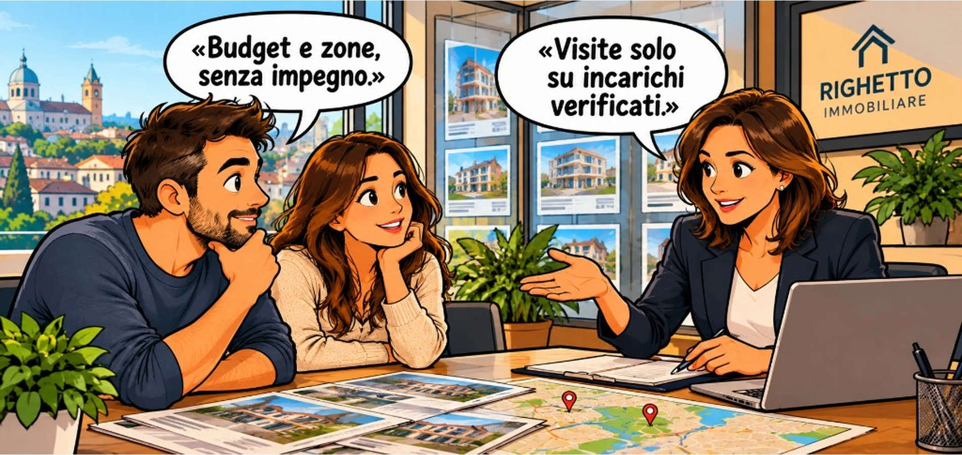 Vignetta fumetto — consulenza immobiliare Righetto con Marco e Sara