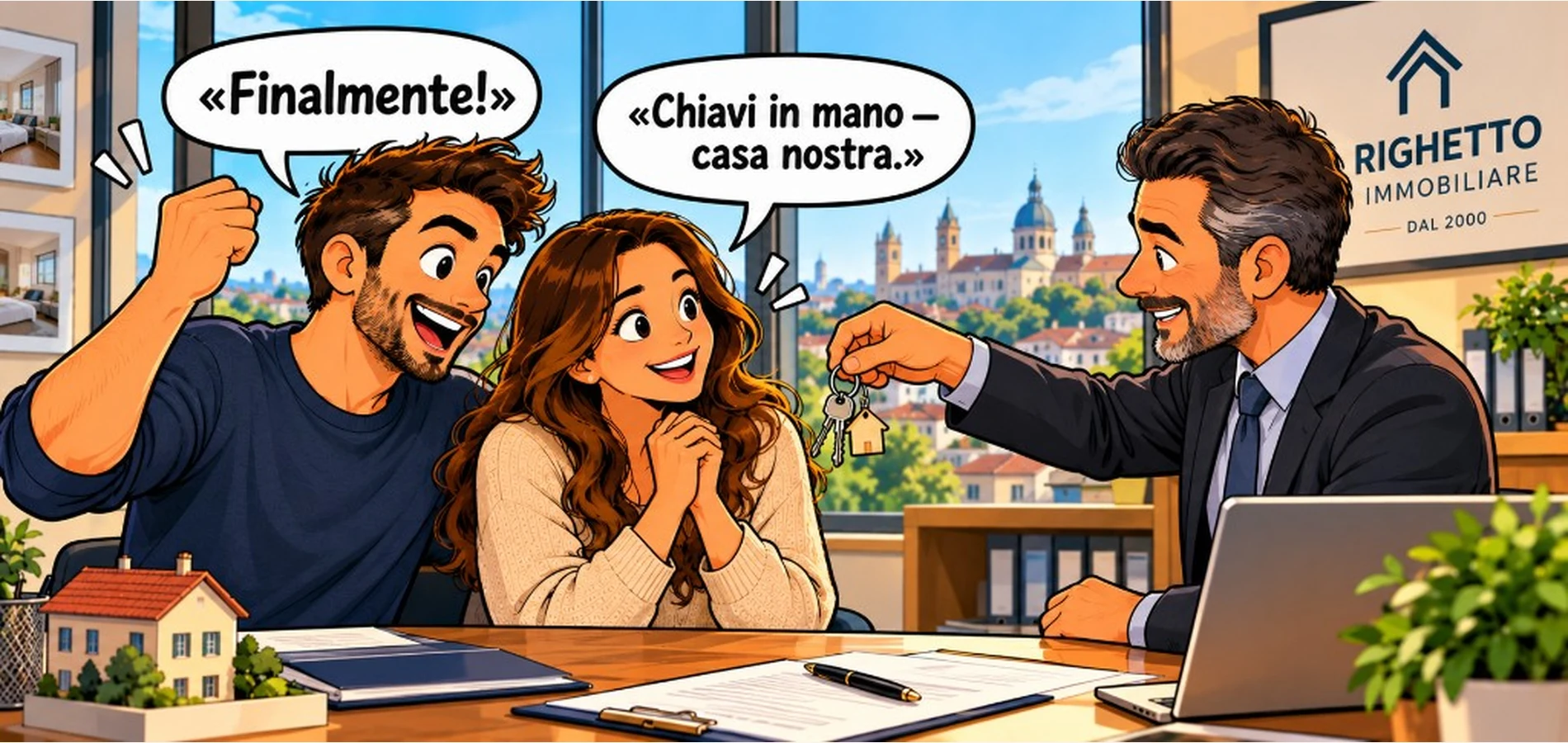 Vignetta fumetto — Marco e Sara ricevono le chiavi della nuova casa