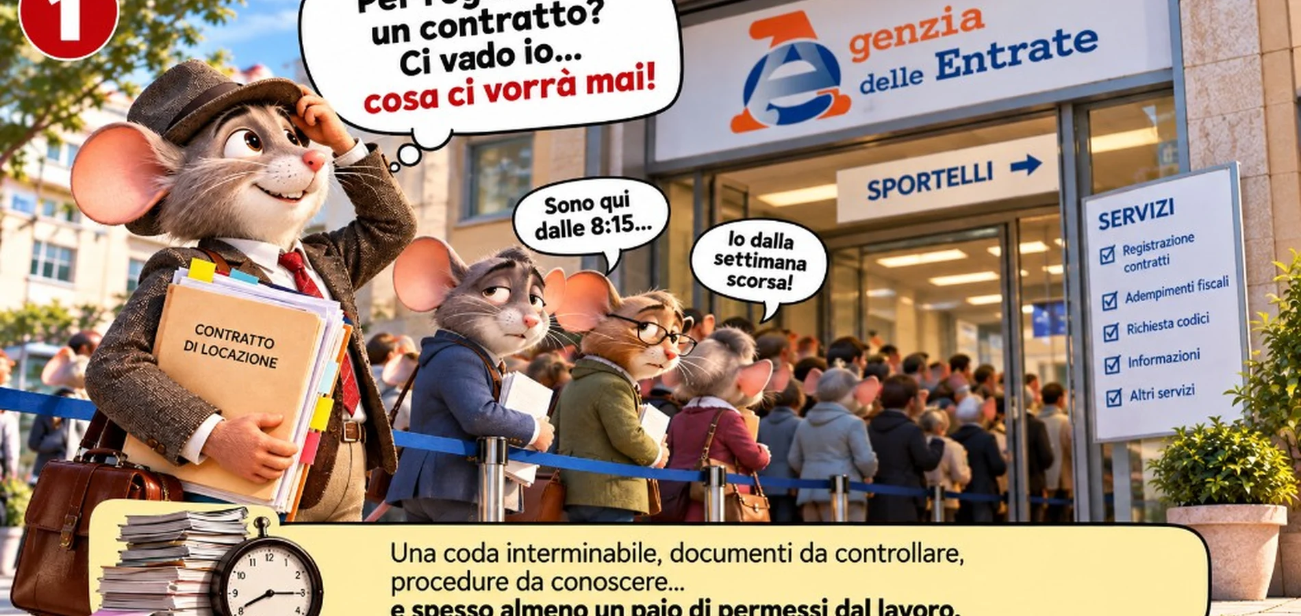 Fumetto scena 1 — topo proprietario in coda all Agenzia delle Entrate con contratto di locazione Padova