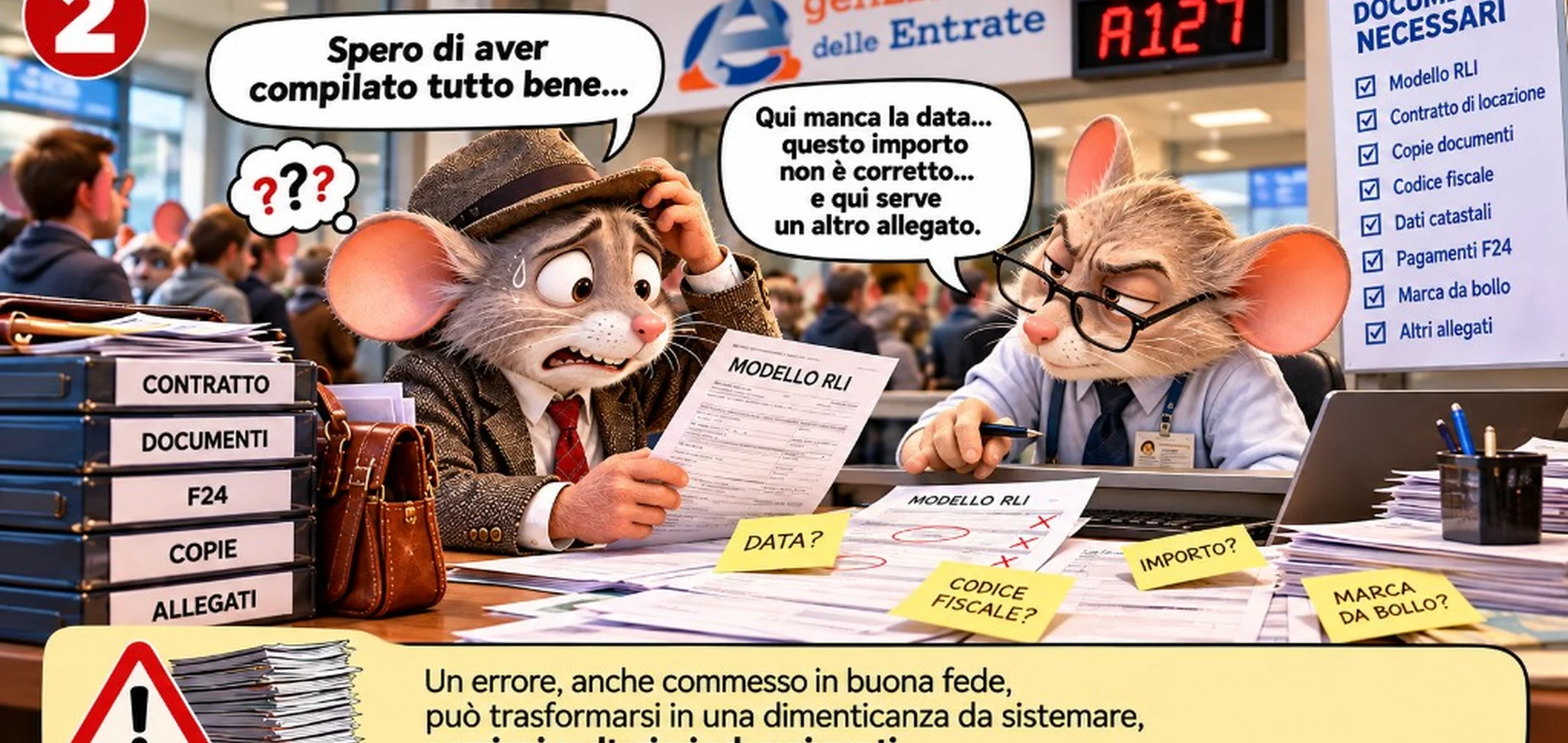 Fumetto scena 2 — sportello Agenzia delle Entrate verifica modello RLI contratto locazione