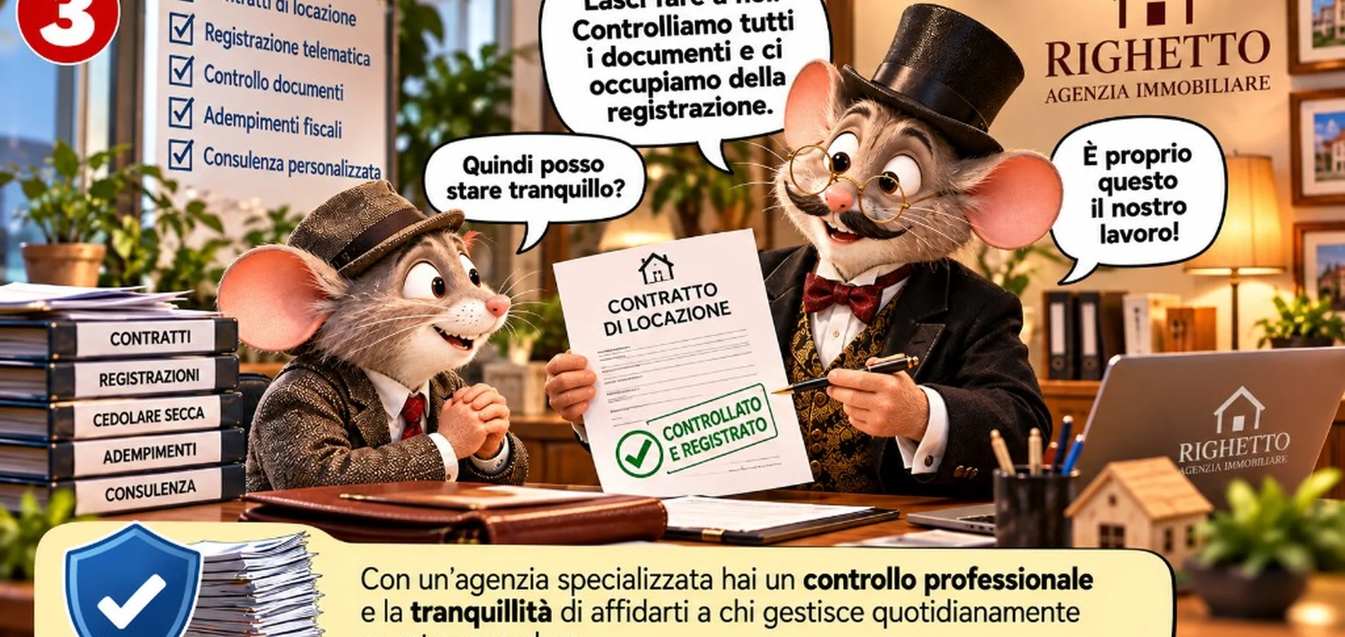 Fumetto scena 3 — agenzia Righetto Immobiliare consegna contratto locazione controllato e registrato