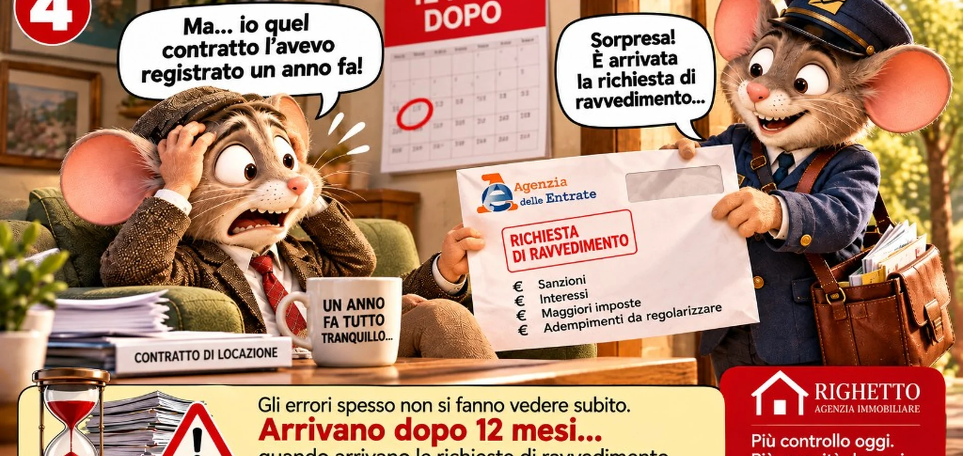 Fumetto scena 4 — dopo 12 mesi richiesta di ravvedimento Agenzia Entrate contratto locazione