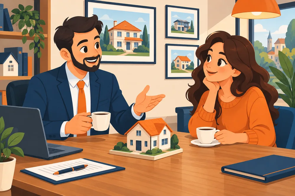Illustrazione a fumetto: in ufficio, l'agente e una cliente chiacchierano davanti a un caffè con un modellino di casa sulla scrivania