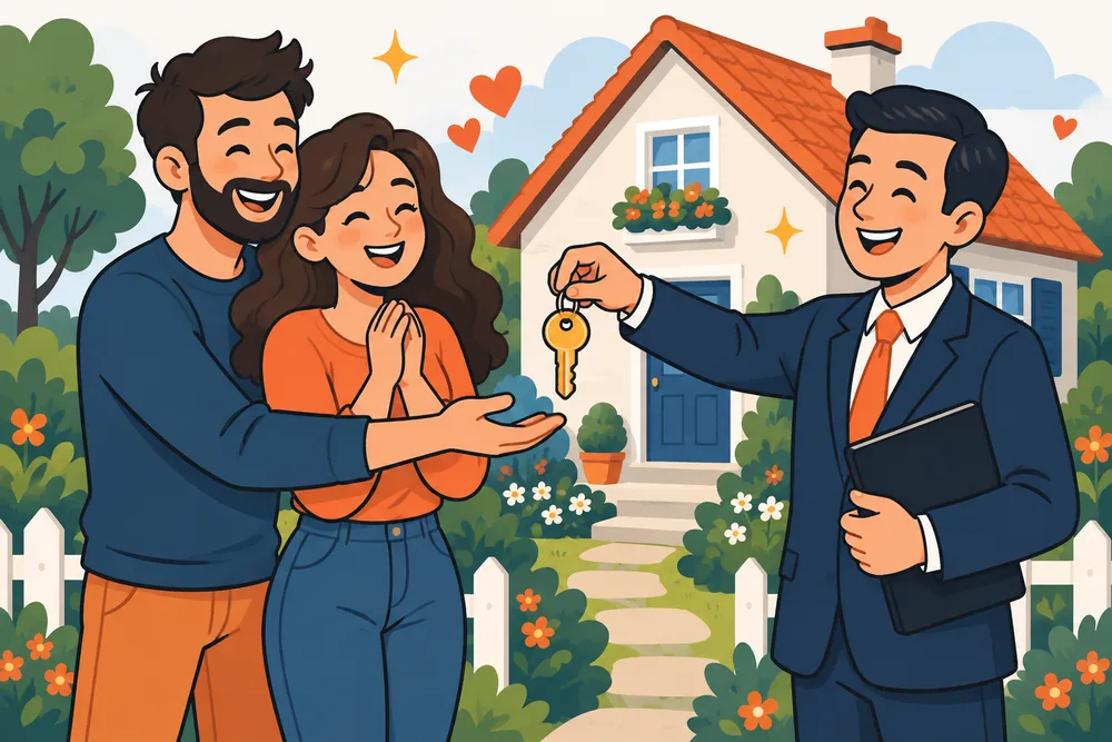 Illustrazione a fumetto: una coppia felice riceve le chiavi della nuova casa dall'agente immobiliare