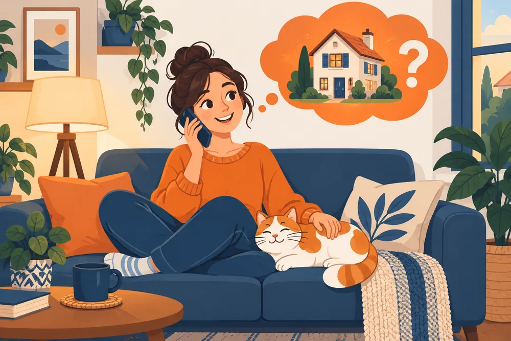 Illustrazione a fumetto: una ragazza telefona rilassata dal divano e immagina una casa con un punto di domanda