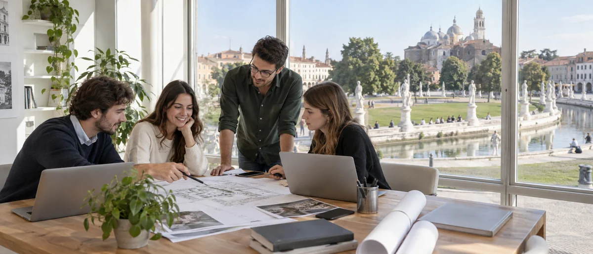 Illustrazione creata al computer: un gruppo di giovani professionisti discute attorno a un tavolo con laptop e planimetrie
