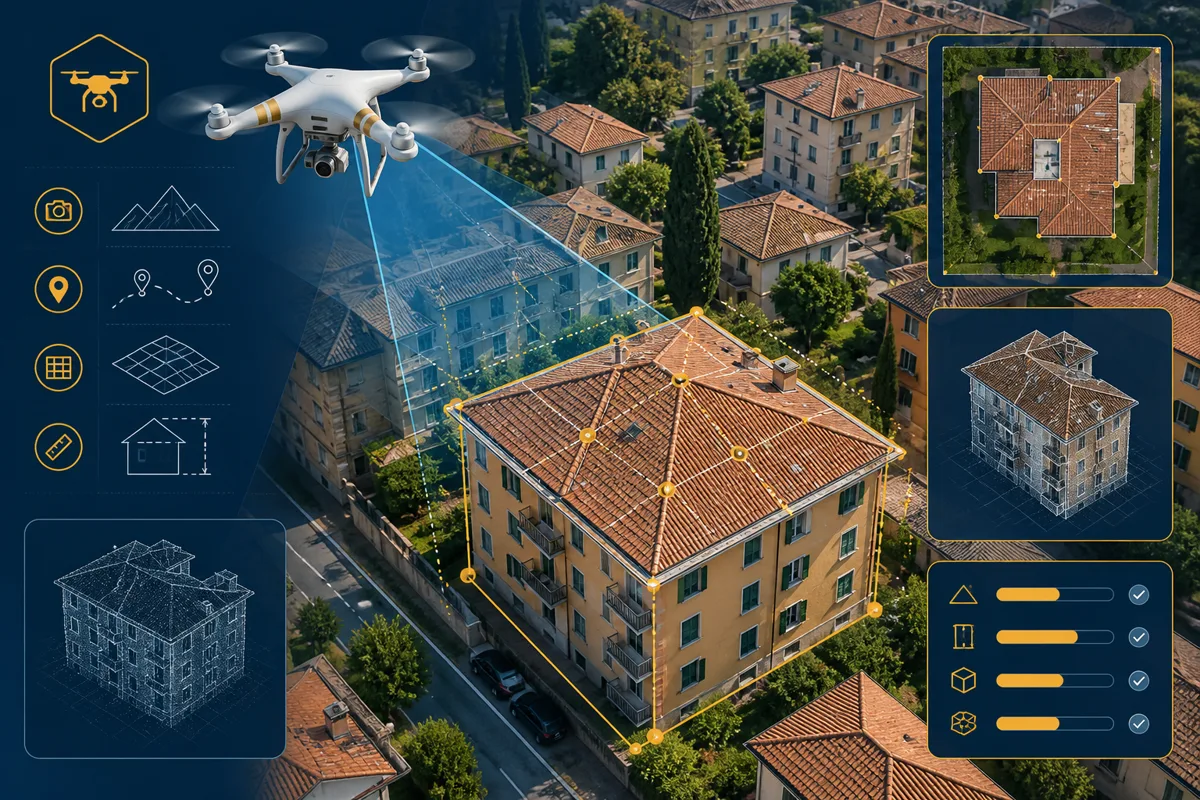 Illustrazione editoriale — sopralluoghi drone 4K a Padova (immagine generata con IA)