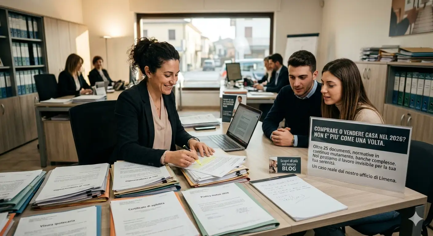 Ufficio lo studio a Limena: la scrivania di lavoro con documenti, schermi e materiale informativo per i clienti