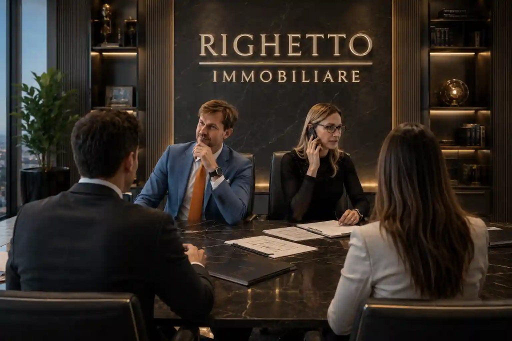 Team Righetto Immobiliare in consulenza in sala riunioni — Gino Capon e Linda Righetto con collaboratori, planimetrie sul tavolo